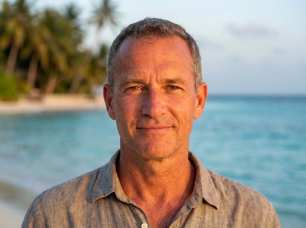 Retrato de un hombre de 50 años transformado, mirando a cámara con energía renovada frente al mar