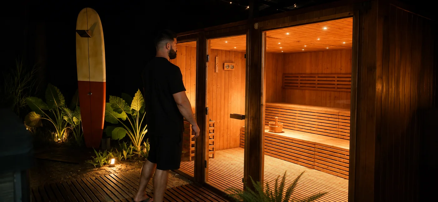 La sauna de madera del estate encendida de noche, con la selva alrededor